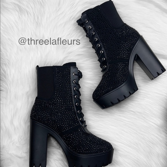 Rhinestone Embellished Lace-Up Lug Combat Boot - Picture 3 of 6